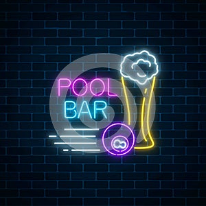 Glowing neon sign of bar with pool including glass of beer and billiard ball. Signboard of pub with billiard table