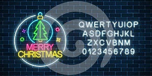 Glowing neon sign with christmas tree in christmas ball and alphabet. Christmas symbol web banner in neon style.