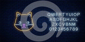 Glowing neon sign of cute fox in kawaii style with alphabet. Cartoon happy smiling foxy in neon style