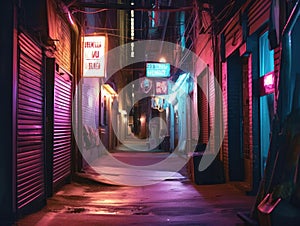 Glowing neon sign in dim alley with holographic effect