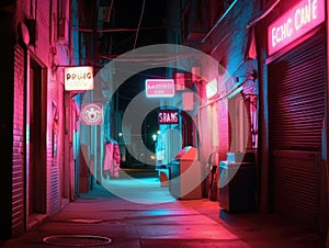 Glowing neon sign in dim alley with holographic effect