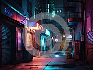 Glowing neon sign in dim alley with holographic effect