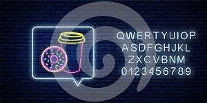 Glowing neon sign of donut and coffee cup in message notification frame with alphabet. Food and drink symbol