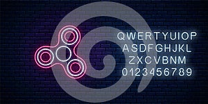 Glowing neon sign of fidget spinner with alphabet. Hand rotation antistress toy for relax. Twist bauble to making tricks