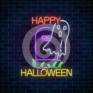 Glowing neon sign of halloween banner design with ghost from grave. Bright halloween scary wraith sign in neon style.