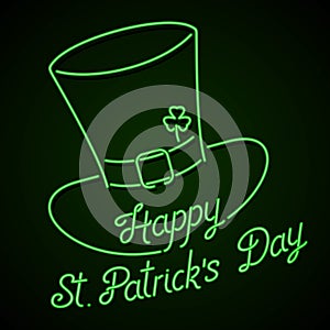 Glowing neon sign - Happy St. Patrick's Day lettering with leprechaun hat and shamrock