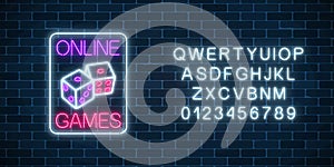 Glowing neon sign of online casino application with dice symbol with alphabet. Casino bright signboard