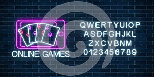 Glowing neon sign of online games application in mobile device screen with alphabet. Casino bright signboard.