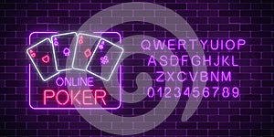 Glowing neon sign of online poker application in rectangle frame with alphabet. Casino bright signboard.