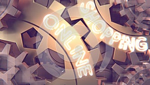 Glowing neon sign ONLINE SHOPPING concept. Gold and silver gear wheel background illustration. 3d render mosaic digital