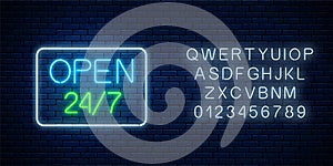 Glowing neon sign of open 24 hours 7 days a week store in geometric shape with alphabet. Vector illustration