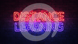 Glowing neon sign with the words DISTANCE LEARNING. purple and red glow and brick wall on the background 3d render