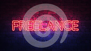 Glowing neon sign with the words freelance. purple and red glow and brick wall on the background 3d render
