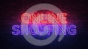 Glowing neon sign with the words ONLINE SHOPPING. purple and red glow and brick wall on the background 3d render