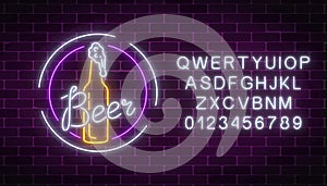 Glowing neon signboard of beer bottle and glass in round frames with alphabet. Luminous advertising sign of beer bar.