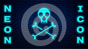 Glowing neon Skull on crossbones icon isolated on brick wall background. Happy Halloween party. Vector