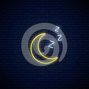 Glowing neon sleepy moon icon with zzz symbol. Sleeping crescent in neon style to weather forecast in mobile application photo