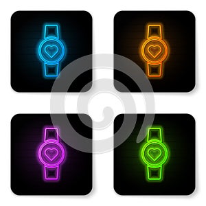 Glowing neon Smart watch showing heart beat rate icon isolated on white background. Fitness App concept. Black square
