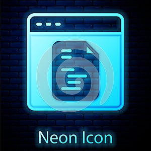 Glowing neon Software, web developer programming code icon isolated on brick wall background. Javascript computer script