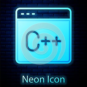 Glowing neon Software, web developer programming code icon isolated on brick wall background. Javascript computer script