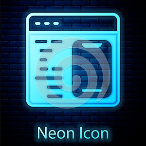 Glowing neon Software, web developer programming code icon isolated on brick wall background. Javascript computer script