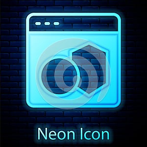 Glowing neon Software, web developer programming code icon isolated on brick wall background. Javascript computer script