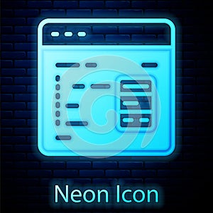 Glowing neon Software, web developer programming code icon isolated on brick wall background. Javascript computer script