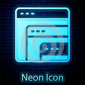 Glowing neon Software, web developer programming code icon isolated on brick wall background. Javascript computer script