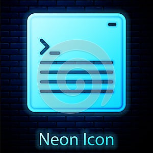 Glowing neon Software, web developer programming code icon isolated on brick wall background. Javascript computer script