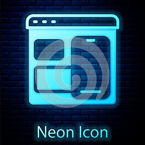 Glowing neon Software, web developer programming code icon isolated on brick wall background. Javascript computer script