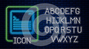 Glowing neon Software, web developer programming code icon isolated on brick wall background. Javascript computer script