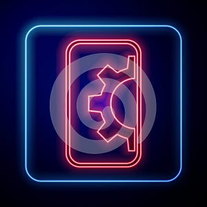 Glowing neon Software, web development, programming concept icon isolated on blue background. Programming language and