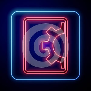 Glowing neon Software, web development, programming concept icon isolated on blue background. Programming language and