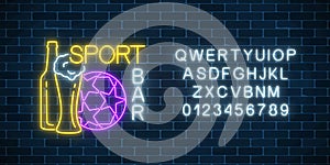 Glowing neon sport bar concept with alphabet. Soccer ball with bottle and glass of beer as pub