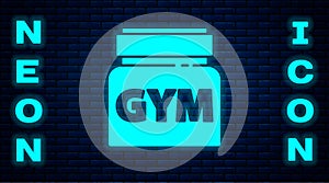 Glowing neon Sports nutrition bodybuilding proteine power drink and food icon isolated on brick wall background. Vector