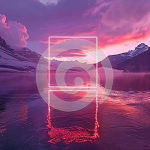 Glowing neon square on a serene mountain lake at sunset