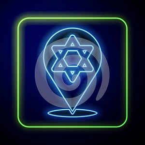 Glowing neon Star of David icon isolated on blue background. Jewish religion symbol. Symbol of Israel. Vector