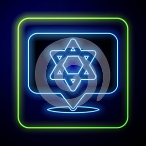 Glowing neon Star of David icon isolated on blue background. Jewish religion symbol. Symbol of Israel. Vector