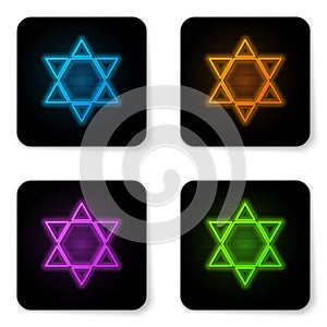 Glowing neon Star of David icon isolated on white background. Jewish religion symbol. Symbol of Israel. Black square