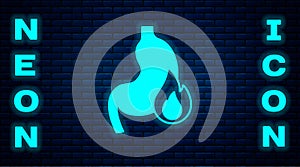 Glowing neon Stomach heartburn icon isolated on brick wall background. Stomach burn. Gastritis and acid reflux