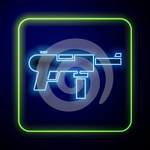 Glowing neon Submachine gun M3, Grease gun icon isolated on blue background. Vector