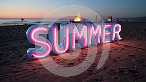 Glowing Neon SUMMER Sign on the Beach at Sunset with Bonfire.