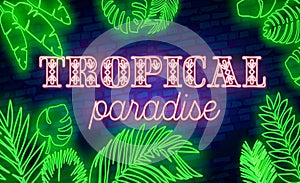 Glowing neon summer sign with neon tropical exotic leaves