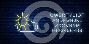 Glowing neon with sun and cloud weather icon with alphabet. Cloudy symbol with sunny in neon style to weather forecast