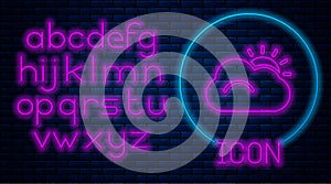 Glowing neon Sun and cloud weather icon isolated on brick wall background. Neon light alphabet. Vector Illustration