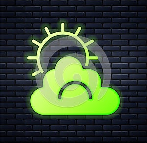 Glowing neon Sun and cloud weather icon isolated on brick wall background. Vector