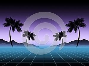 Glowing neon, synthwave and retrowave background template. Retro video games, futuristic design, rave music, 80s