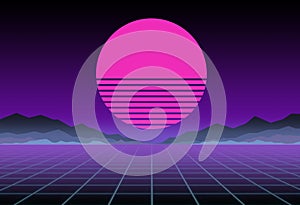 Glowing neon, synthwave and retrowave background template. Retro video games, futuristic design, rave music, 80s
