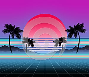 Glowing neon, synthwave and retrowave background template. Retro video games, futuristic design, rave music, 80s