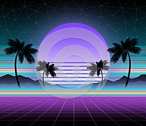 Glowing neon, synthwave and retrowave background template. Retro video games, futuristic design, rave music, 80s